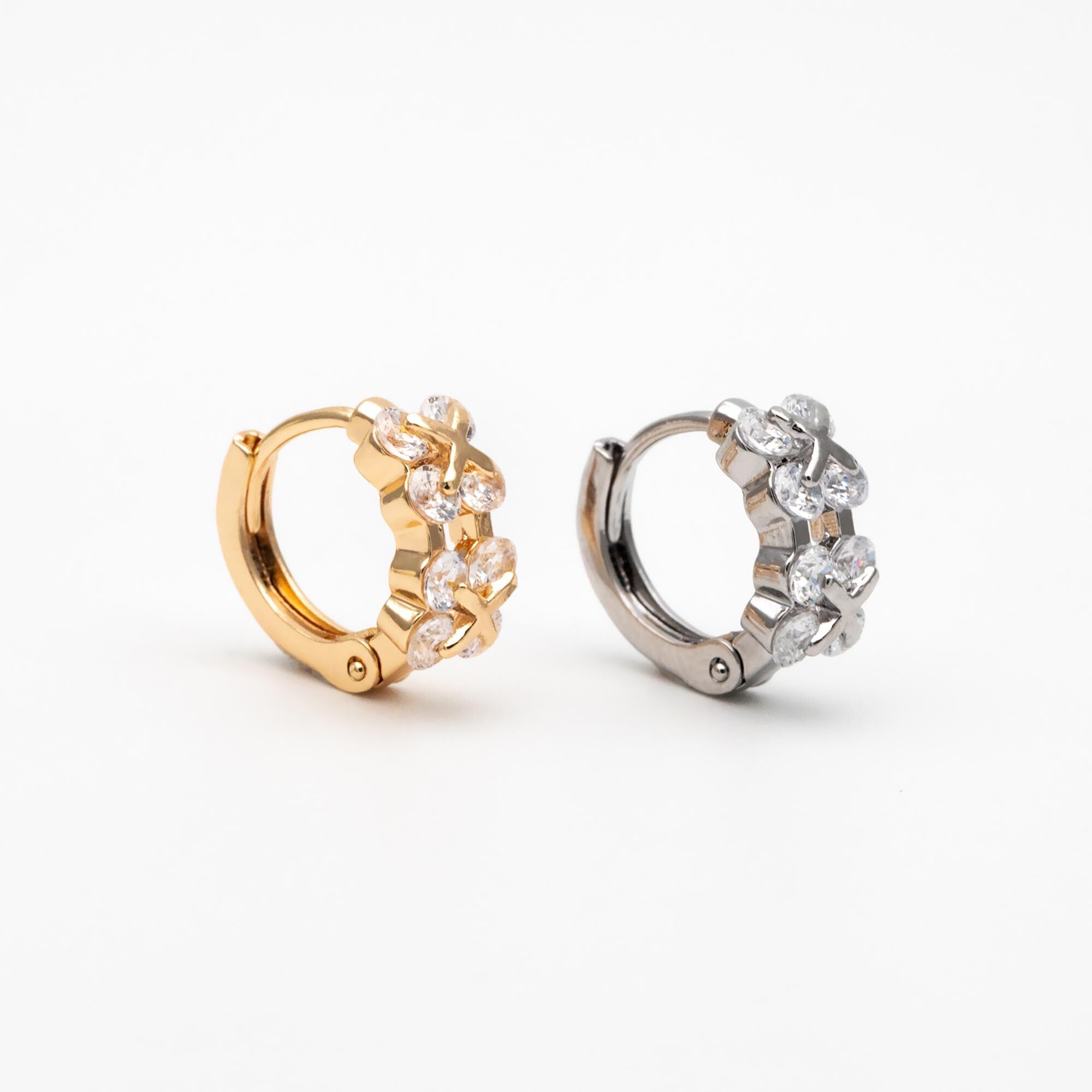 4pcs CZ Pave Gold/ Silver Tone Flower Earrings, 18K Real Gold/ Rhodium plated Brass, Dainty Hoop Earrings (GB-4578)